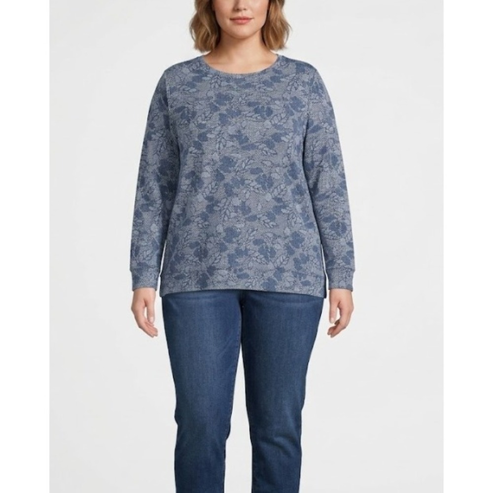 Lands' End Stretch Knit Top XL Blue Floral Stripe Long Sleeve Pullover Comfy